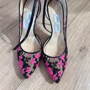 Jimmy Choo Black and Pink Floral Heels